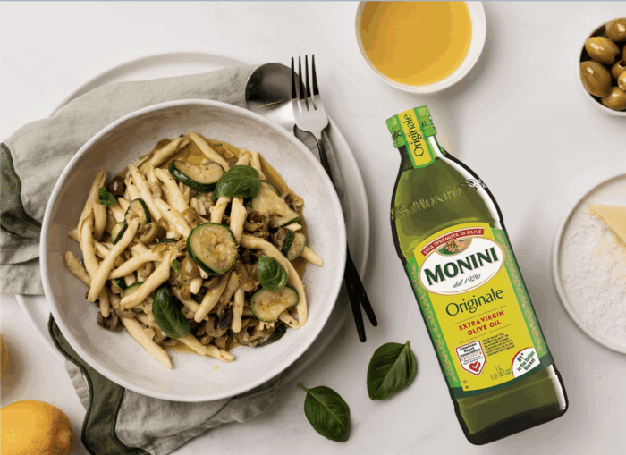 Monini Pitted Olives, Green Squash and Lemon Zest Trofie pasta