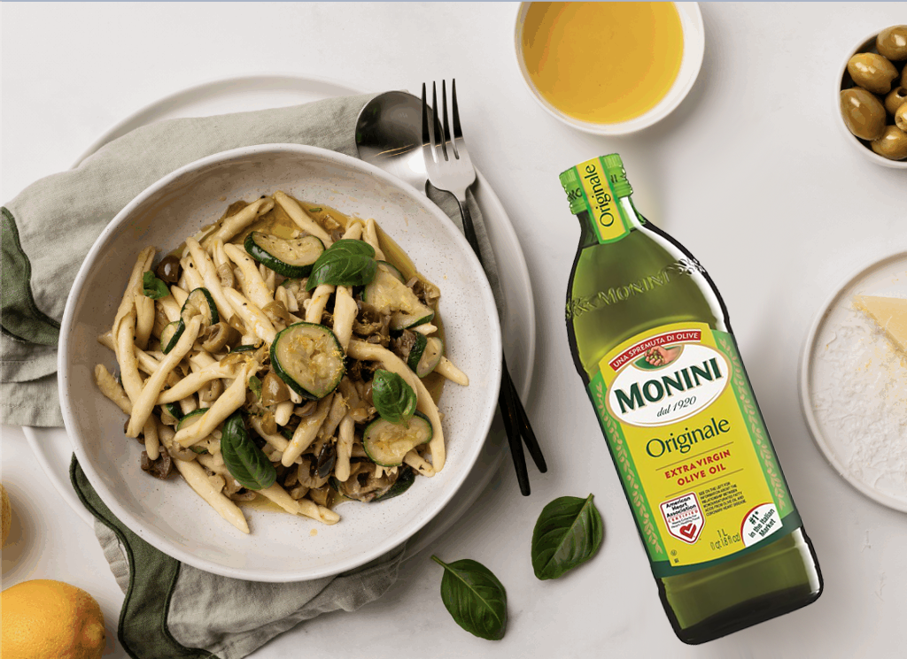 Monini Pitted Olives, Green Squash and Lemon Zest Trofie pasta